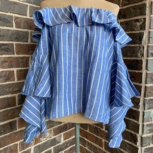 Off Shoulder Top Chambray Ruffle Blue & White Pinstripe - Medium